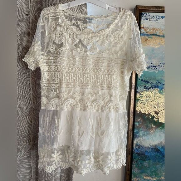 Sundance Tops - Sundance Embroidered Beige Short Sleeve Lace Mesh Blouse Sz M  Boho Lined